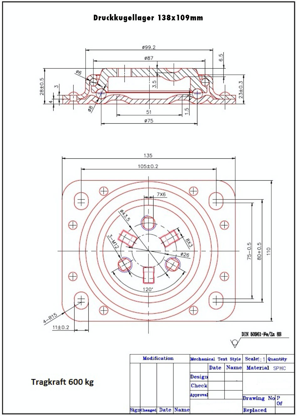 Technische Zeichnung für zweireihiges Druckkugellager (Axialkugellager) ohne Mittelbolzen Tragkraft 600 kg