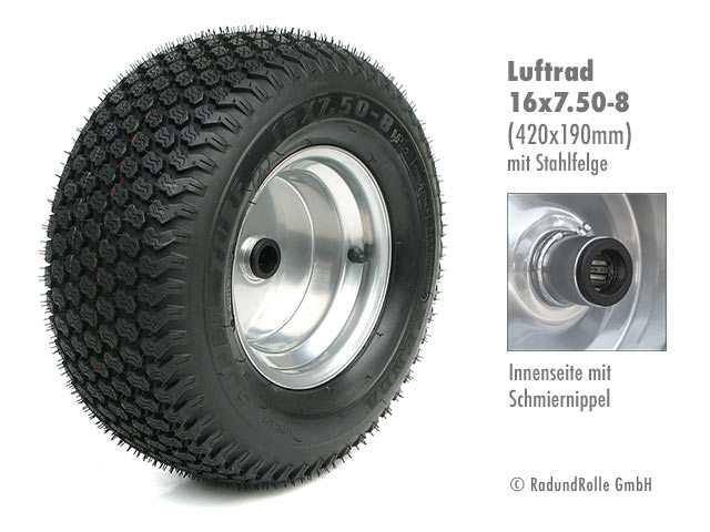 Rasentraktorrad 16x7.50-8 mit Luftbereifung, Stahlfelge mit versetzter Nabe, Gleitlager, Rollenlager, Kugellager, Antrieb