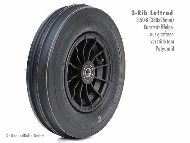 Luftrad 380x90mm, Reifen 3.50-8 mit 4PR 3Rib-Profil, PA-Kunststofffelge 2.50Ax8 H2, Gleitlager, Rollenlager, Kugellager
