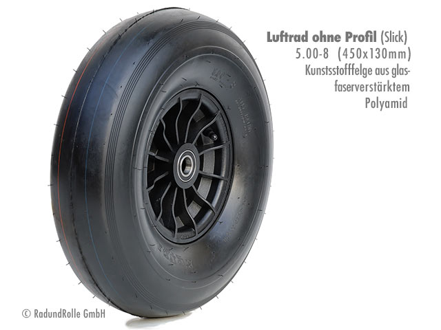 Luftrad 450x130mm, Reifen 5.00-8 mit 4PR Slickprofil, PA-Kunststofffelge 2.50Ax8 H2, Gleitlager, Rollenlager, Kugellager