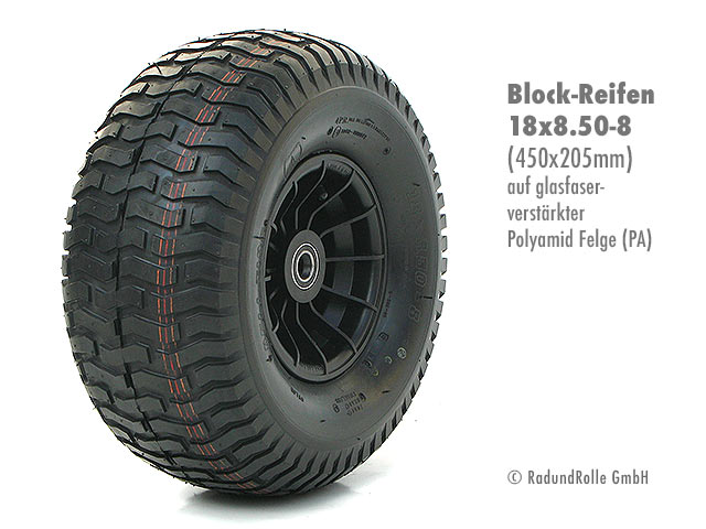 Luftrad 450x205mm, Reifen 18x8.50-8 mit 4PR Blockprofil, glasfaserverstärkte PA-Kunststofffelge 5.00Ax8 H2 mit Kugellager-Nabe